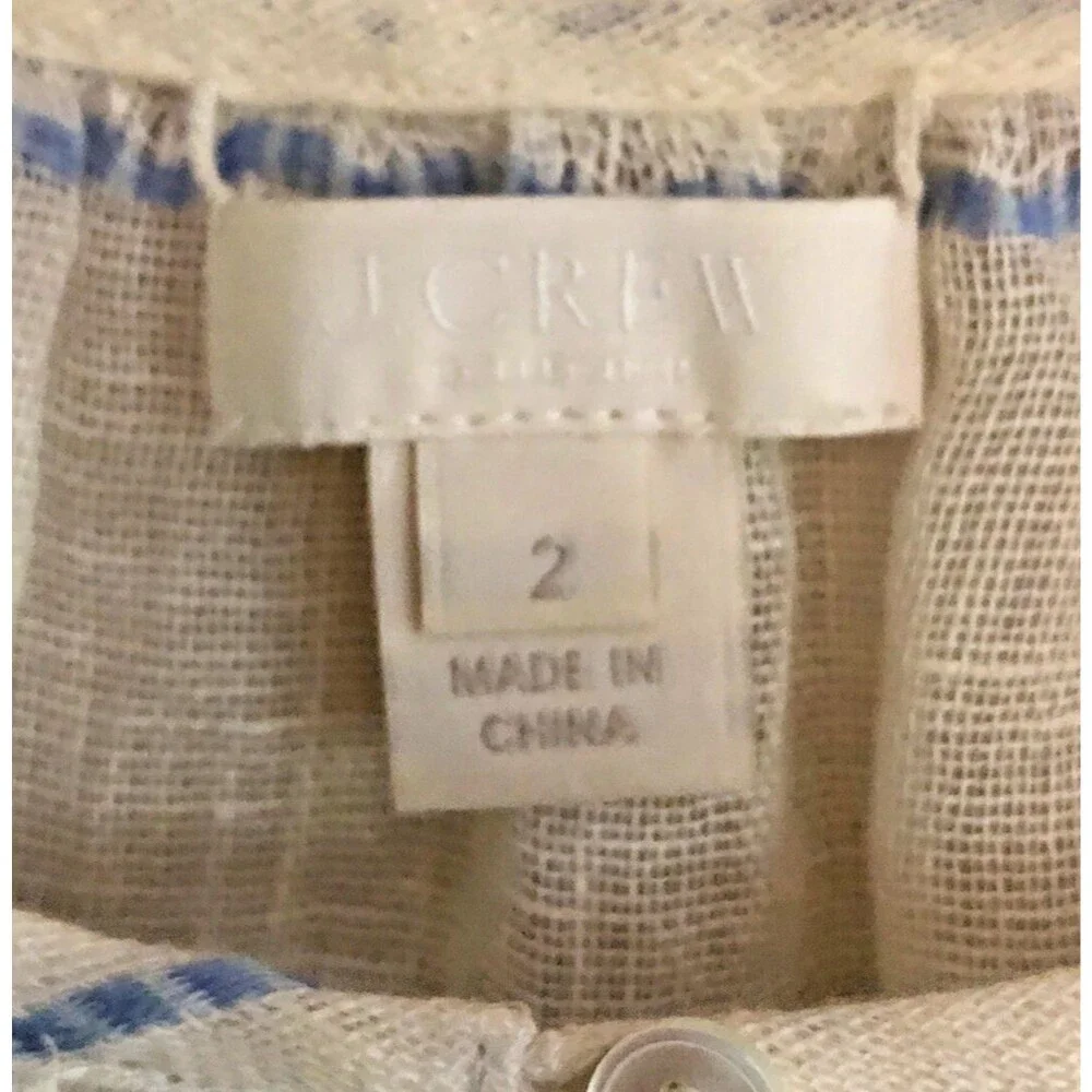 J Crew 100% Linen Peasant Blouse Womens Sz S Sheer Indigo Striped Coastal Beach
